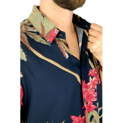 FRILIVIN Koszula męska, krótki rękaw KF10 lato, granatowa, kwiaty, liście | Sklep GriShop.eu | Koszule