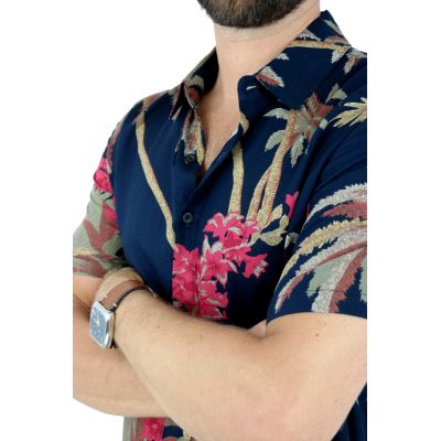 FRILIVIN Koszula męska, krótki rękaw KF10 lato, granatowa, kwiaty, liście | Sklep GriShop.eu | Koszule