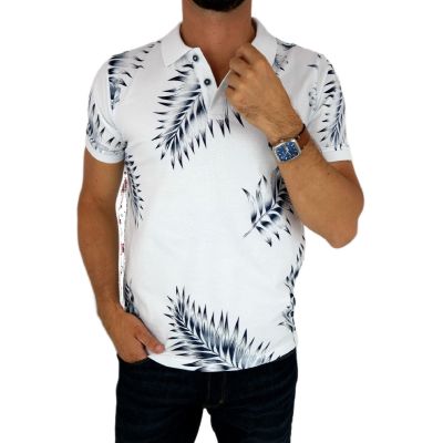 EXTRA PARIS T-shirt polo męski TE2 biały w granatowe liście | Sklep GriShop.eu | Koszulki