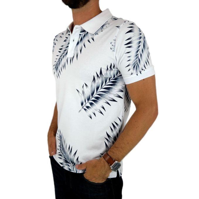 EXTRA PARIS T-shirt polo męski TE2 biały w granatowe liście | Sklep GriShop.eu | Koszulki