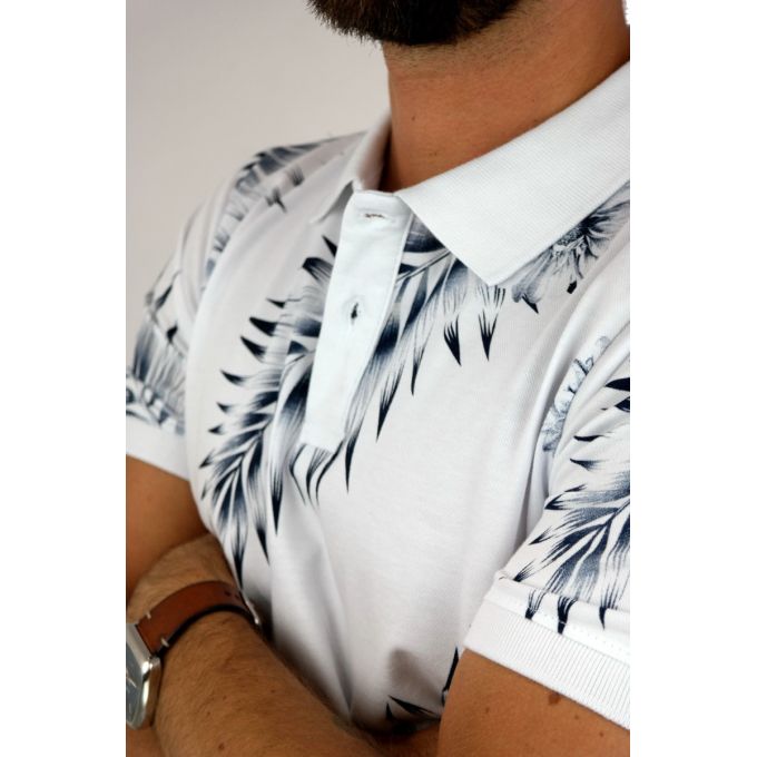 EXTRA PARIS T-shirt polo męski TE2 biały w granatowe liście | Sklep GriShop.eu | Koszulki