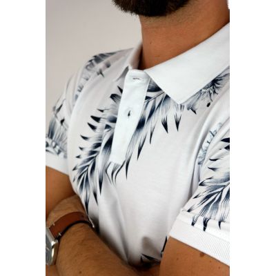 EXTRA PARIS T-shirt polo męski TE2 biały w granatowe liście | Sklep GriShop.eu | Koszulki