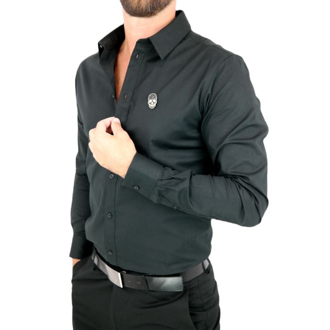 GIOVANNI PERA Koszula męska GP340 elastyczna czarna, czaszka złoto-czarna | Sklep GriShop.eu | Koszule