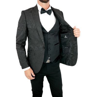 GIOVANNI PERA Garnitur męski czarny, PR04-G, czarny, marynarka w kwiaty, tłoczony wzór, ekskluzywny, premium | Sklep GriShop.eu 