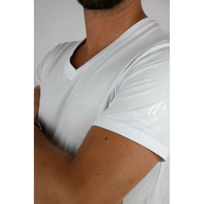 GIOVANNI PERA T-shirt męski biały TGP120 serek, elastan | Sklep GriShop.eu | Koszulki