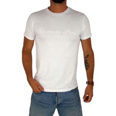 GIOVANNI PERA T-shirt męski biały TGP121 okrągły, logo, elastan | Sklep GriShop.eu | Koszulki