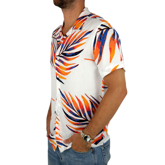 INVICTUS PARIS Koszula męska, krótki rękaw KI1 biała, kolorowe liście | Sklep GriShop.eu | Koszule