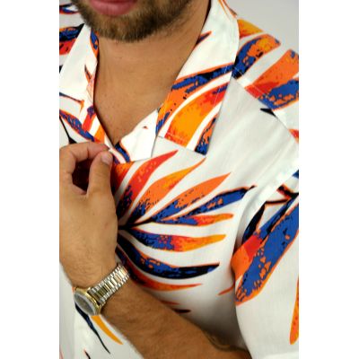 INVICTUS PARIS Koszula męska, krótki rękaw KI1 biała, kolorowe liście | Sklep GriShop.eu | Koszule