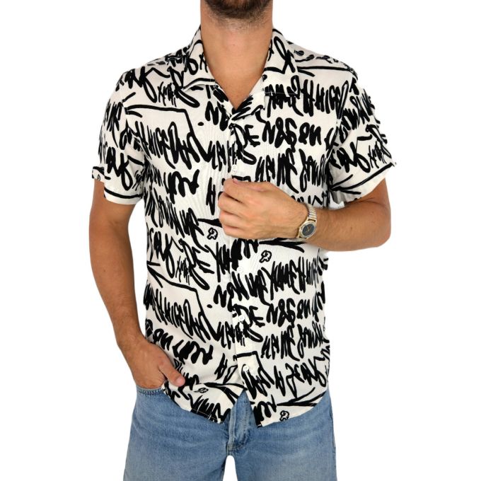 INVICTUS PARIS Koszula męska, krótki rękaw KI4 biała w czarne napisy | Sklep GriShop.eu | Koszule