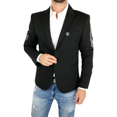 MACKTEN Marynarka męska czarna C2 elegancka, efektowna srebrna lamówka | Sklep GriShop.eu | Marynarki