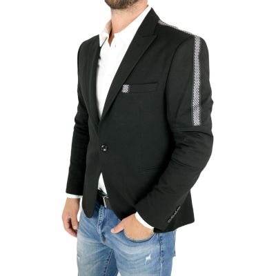 MACKTEN Marynarka męska czarna C2 elegancka, efektowna srebrna lamówka | Sklep GriShop.eu | Marynarki
