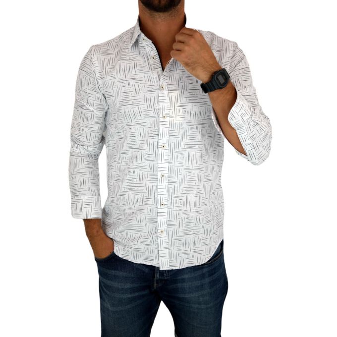 DANIEL BESSI Koszula męska fb798 biała, w szary wzór, kreski | Sklep GriShop.eu | Koszule