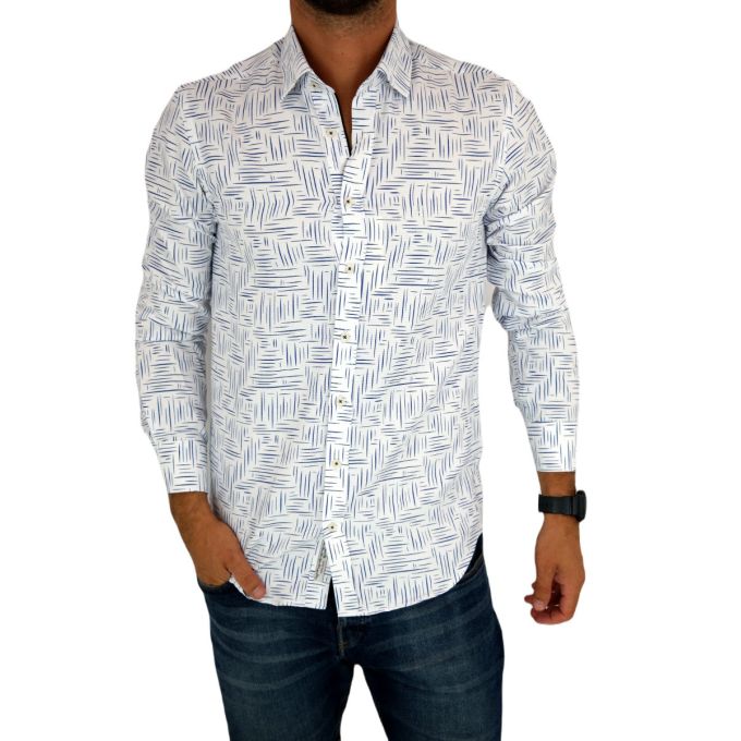 DANIEL BESSI Koszula męska fb797 biała, w granatowy wzór, kreski | Sklep GriShop.eu | Koszule