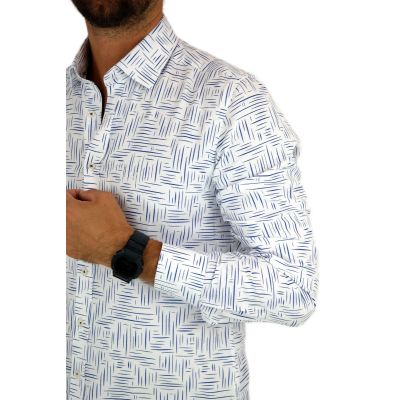 DANIEL BESSI Koszula męska fb797 biała, w granatowy wzór, kreski | Sklep GriShop.eu | Koszule