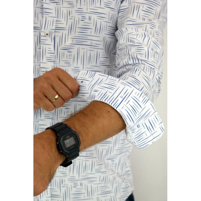 DANIEL BESSI Koszula męska fb797 biała, w granatowy wzór, kreski | Sklep GriShop.eu | Koszule