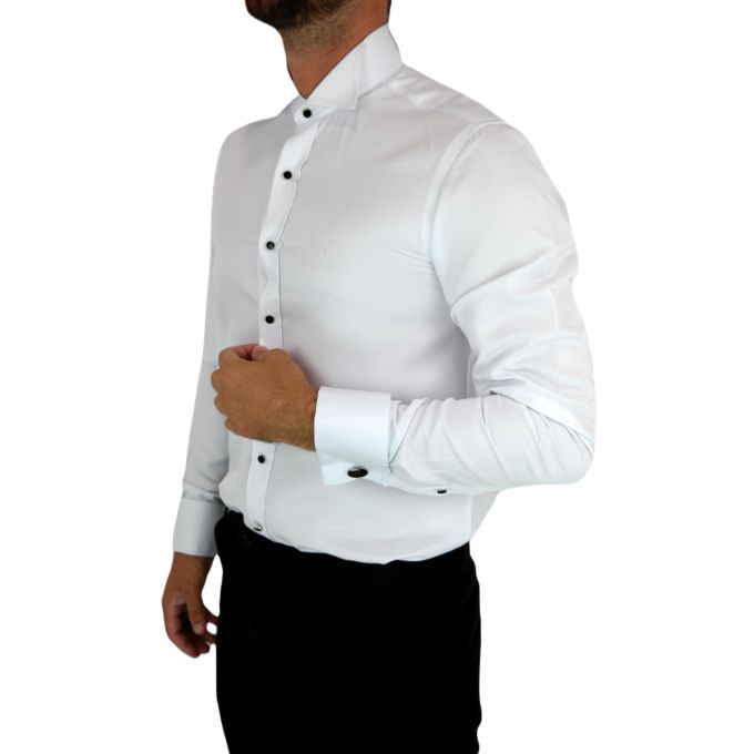 DANIEL BESSI Koszula męska na spinki biała elegancka fb002 na stójce, czarne guziki | Sklep GriShop.eu | Koszule