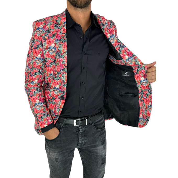 GIOVANNI PERA Marynarka męska D626 kolorowa w kwiaty, czachy, liście, czerwona | Sklep GriShop.eu | Marynarki