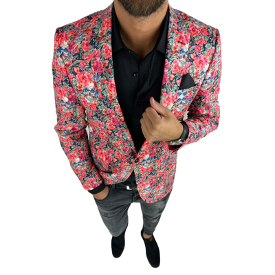 GIOVANNI PERA Marynarka męska D626 kolorowa w kwiaty, czachy, liście, czerwona | Sklep GriShop.eu | Marynarki