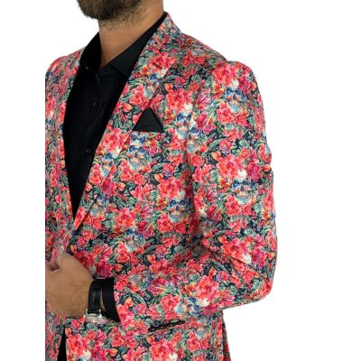 GIOVANNI PERA Marynarka męska D626 kolorowa w kwiaty, czachy, liście, czerwona | Sklep GriShop.eu | Marynarki