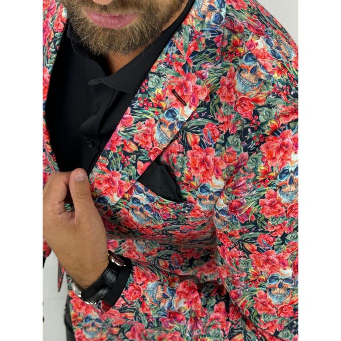 GIOVANNI PERA Marynarka męska D626 kolorowa w kwiaty, czachy, liście, czerwona | Sklep GriShop.eu | Marynarki