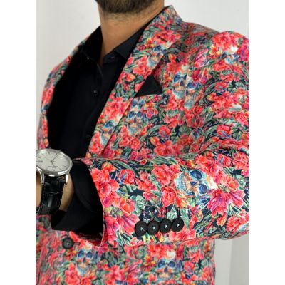 GIOVANNI PERA Marynarka męska D626 kolorowa w kwiaty, czachy, liście, czerwona | Sklep GriShop.eu | Marynarki