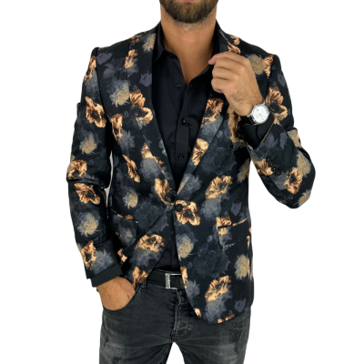 GIOVANNI PERA Marynarka męska D627 czarna w złote kwiaty, elegancka | Sklep GriShop.eu | Marynarki