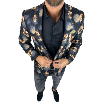 GIOVANNI PERA Marynarka męska D627 czarna w złote kwiaty, elegancka | Sklep GriShop.eu | Marynarki