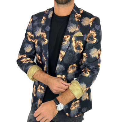 GIOVANNI PERA Marynarka męska D627 czarna w złote kwiaty, elegancka | Sklep GriShop.eu | Marynarki
