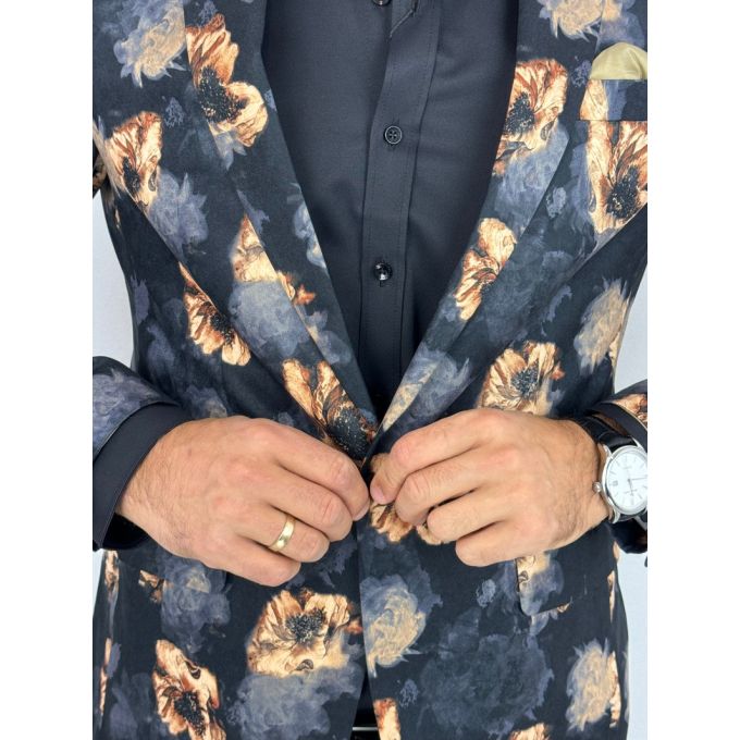 GIOVANNI PERA Marynarka męska D627 czarna w złote kwiaty, elegancka | Sklep GriShop.eu | Marynarki
