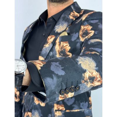 GIOVANNI PERA Marynarka męska D627 czarna w złote kwiaty, elegancka | Sklep GriShop.eu | Marynarki