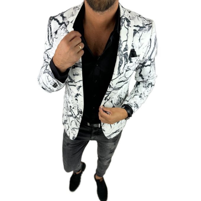 GIOVANNI PERA Marynarka męska D625 biała, czarny marmur, elegancka | Sklep GriShop.eu | Marynarki