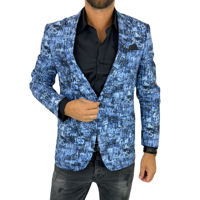 GIOVANNI PERA Marynarka męska D628 niebieska w napisy, efekt jeansu, kolorowa | Sklep GriShop.eu | Marynarki