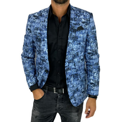 GIOVANNI PERA Marynarka męska D628 niebieska w napisy, efekt jeansu, kolorowa | Sklep GriShop.eu | Marynarki