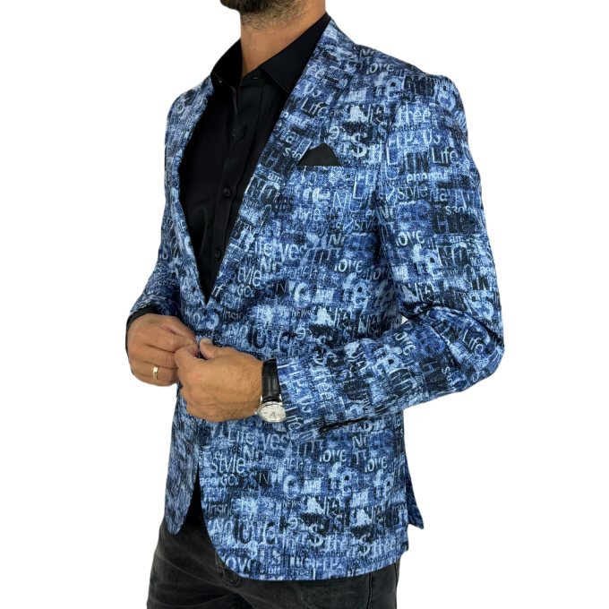 GIOVANNI PERA Marynarka męska D628 niebieska w napisy, efekt jeansu, kolorowa | Sklep GriShop.eu | Marynarki