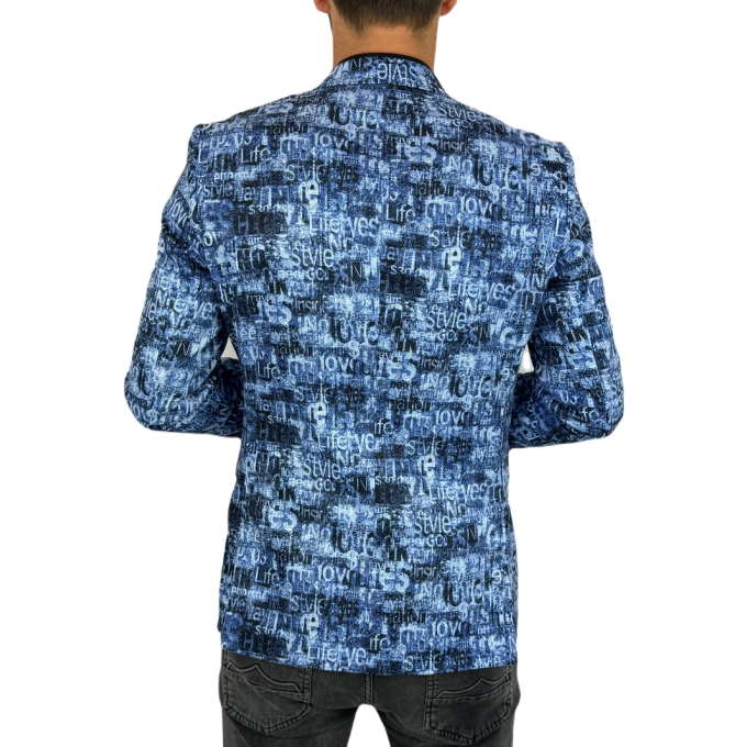 GIOVANNI PERA Marynarka męska D628 niebieska w napisy, efekt jeansu, kolorowa | Sklep GriShop.eu | Marynarki