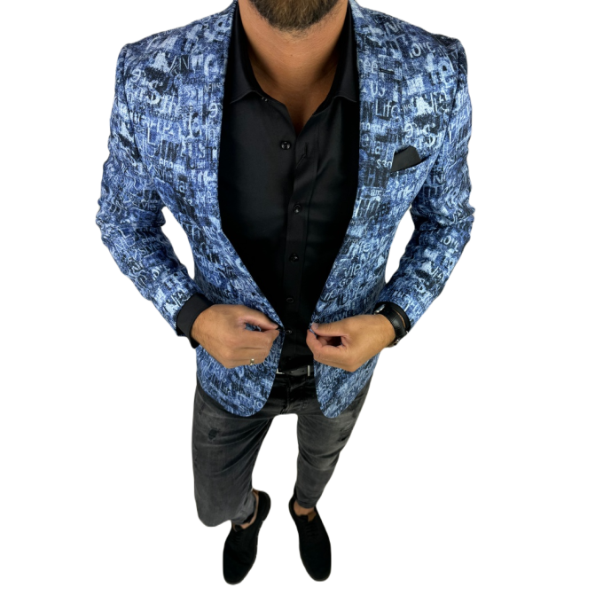 GIOVANNI PERA Marynarka męska D628 niebieska w napisy, efekt jeansu, kolorowa | Sklep GriShop.eu | Marynarki