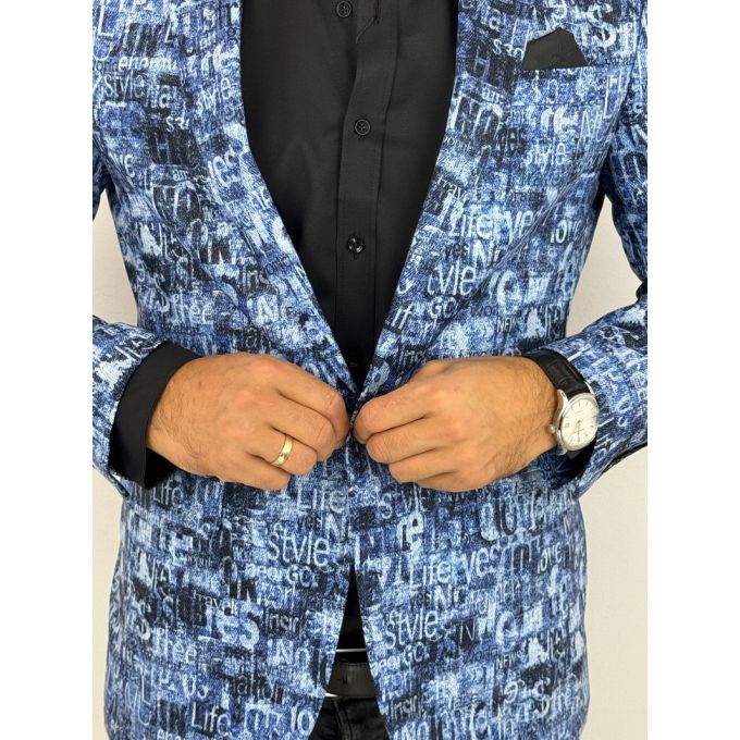 GIOVANNI PERA Marynarka męska D628 niebieska w napisy, efekt jeansu, kolorowa | Sklep GriShop.eu | Marynarki