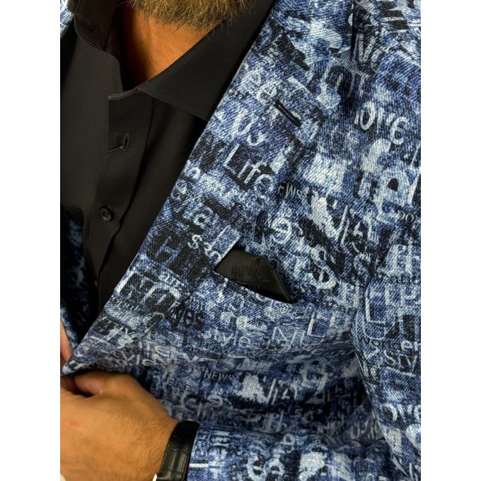 GIOVANNI PERA Marynarka męska D628 niebieska w napisy, efekt jeansu, kolorowa | Sklep GriShop.eu | Marynarki