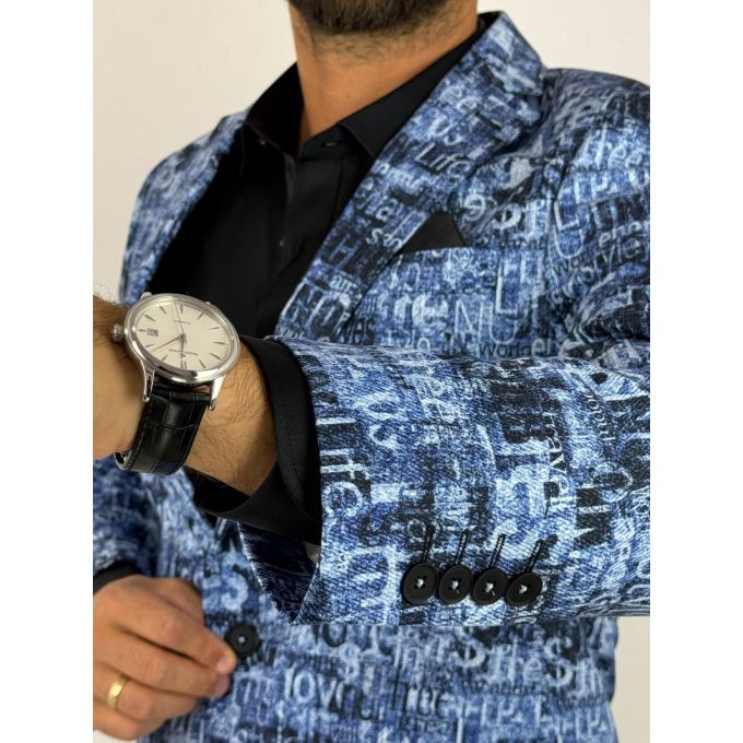 GIOVANNI PERA Marynarka męska D628 niebieska w napisy, efekt jeansu, kolorowa | Sklep GriShop.eu | Marynarki