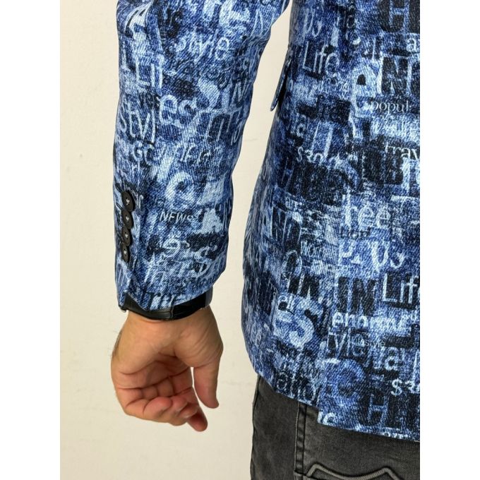 GIOVANNI PERA Marynarka męska D628 niebieska w napisy, efekt jeansu, kolorowa | Sklep GriShop.eu | Marynarki