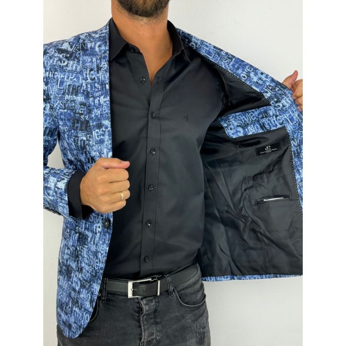 GIOVANNI PERA Marynarka męska D628 niebieska w napisy, efekt jeansu, kolorowa | Sklep GriShop.eu | Marynarki
