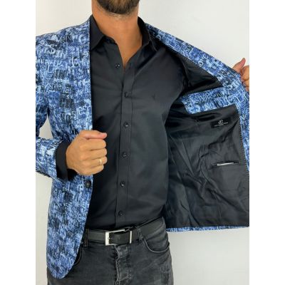 GIOVANNI PERA Marynarka męska D628 niebieska w napisy, efekt jeansu, kolorowa | Sklep GriShop.eu | Marynarki