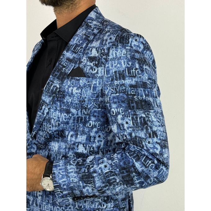 GIOVANNI PERA Marynarka męska D628 niebieska w napisy, efekt jeansu, kolorowa | Sklep GriShop.eu | Marynarki