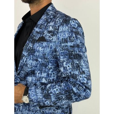 GIOVANNI PERA Marynarka męska D628 niebieska w napisy, efekt jeansu, kolorowa | Sklep GriShop.eu | Marynarki