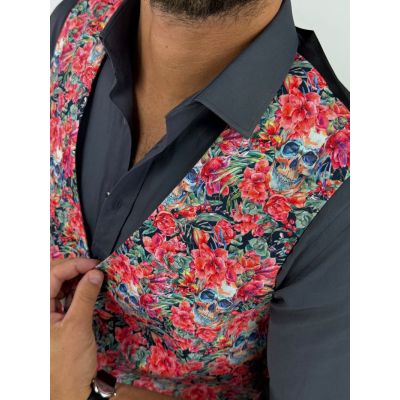 GIOVANNI PERA kamizelka męska D626 kolorowa w kwiaty, czachy, liście, czerwona, bezrękawnik | Sklep GriShop.eu | Kamizelki