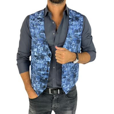 GIOVANNI PERA kamizelka męska D628 niebieska w napisy, efekt jeansu, bezrękawnik | Sklep GriShop.eu | Kamizelki