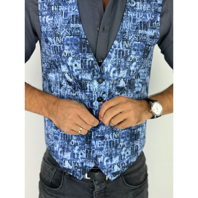 GIOVANNI PERA kamizelka męska D628 niebieska w napisy, efekt jeansu, bezrękawnik | Sklep GriShop.eu | Kamizelki