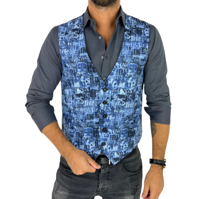 GIOVANNI PERA kamizelka męska D628 niebieska w napisy, efekt jeansu, bezrękawnik | Sklep GriShop.eu | Kamizelki