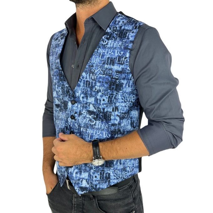GIOVANNI PERA kamizelka męska D628 niebieska w napisy, efekt jeansu, bezrękawnik | Sklep GriShop.eu | Kamizelki