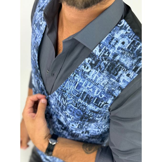 GIOVANNI PERA kamizelka męska D628 niebieska w napisy, efekt jeansu, bezrękawnik | Sklep GriShop.eu | Kamizelki